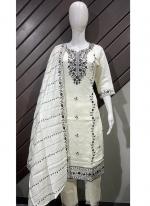 Roman Silk White Traditional Wear Thread Work Readymade Salwaar Suit